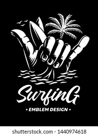 Surfing emblems, illustrations, t-shirt designs vector on black background