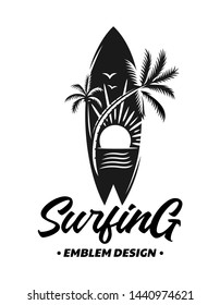 Surfing emblems, illustrations, t-shirt designs vector on white background