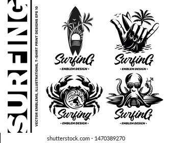 Surfing emblems, illustrations, t-shirt designs vector collections on white background