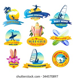 Surfing emblems set with windsurfing boards and surfer silhouettes isolated vector illustration