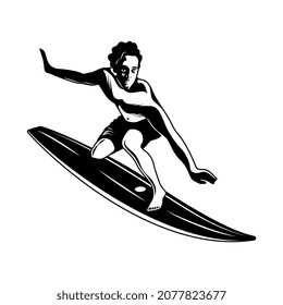 Surfing grabando composición dibujada a mano con carácter de tabla de montar surfista ilustración vectorial