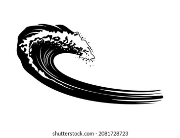 Surfing engraving hand drawn composition with isolated image of wave vector illustration