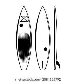 Gravur-Komposition für Surfbretter mit eigenem Bild von Surfbrettern aus verschiedenen Winkeln, Vektorgrafik