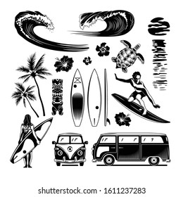 Surfing engraving set of surfboards rushing waves retro cars surfer riding surfboard hand drawn monochrome vector illustration