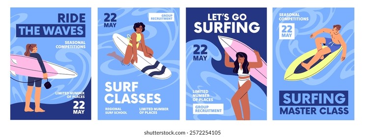 Surfing event poster designs set. Template of surfers' school, lessons, master class advertising. People training with surfboard at sea, ride on board at ocean in summer. Flat vector illustrations