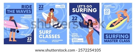 Surfing event poster designs set. Template of surfers' school, lessons, master class advertising. People training with surfboard at sea, ride on board at ocean in summer. Flat vector illustrations