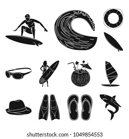 Surfing and extreme black icons in set collection for design. Surfer and accessories vector symbol stock web illustration.