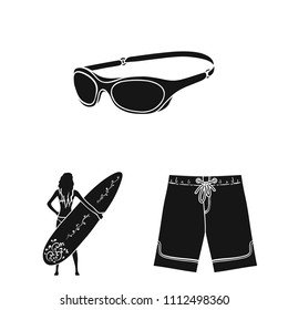 Surfing and extreme black icons in set collection for design. Surfer and accessories vector symbol stock web illustration.