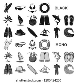 Surfing and extreme black icons in set collection for design. Surfer and accessories vector symbol stock web illustration.