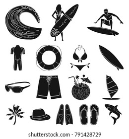 Surfing and extreme black icons in set collection for design. Surfer and accessories vector symbol stock web illustration.