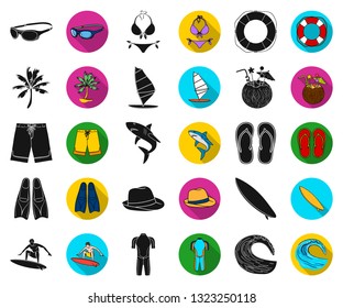 Surfing and extreme black,flat icons in set collection for design. Surfer and accessories vector symbol stock web illustration.