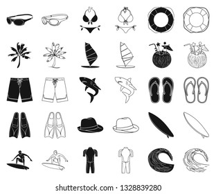 Surfing and extreme black,outline icons in set collection for design. Surfer and accessories vector symbol stock web illustration.