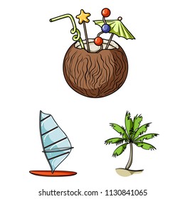 Surfing and extreme cartoon icons in set collection for design. Surfer and accessories vector symbol stock web illustration.