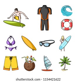 Surfing and extreme cartoon icons in set collection for design. Surfer and accessories vector symbol stock web illustration.