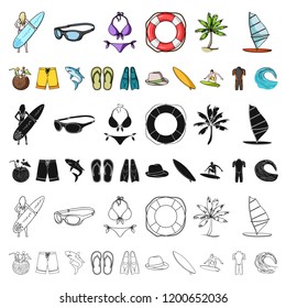 Surfing and extreme cartoon icons in set collection for design. Surfer and accessories vector symbol stock web illustration.