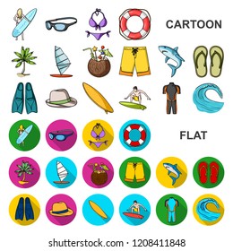 Surfing and extreme cartoon icons in set collection for design. Surfer and accessories vector symbol stock web illustration.