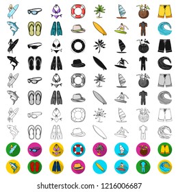 Surfing and extreme cartoon icons in set collection for design. Surfer and accessories vector symbol stock web illustration.