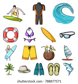 Surfing and extreme cartoon icons in set collection for design. Surfer and accessories vector symbol stock web illustration.