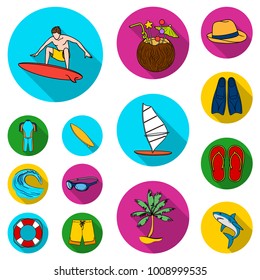 Surfing and extreme flat icons in set collection for design. Surfer and accessories vector symbol stock web illustration.