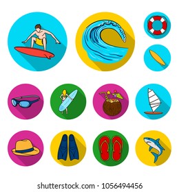 Surfing and extreme flat icons in set collection for design. Surfer and accessories vector symbol stock web illustration.