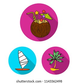 Surfing and extreme flat icons in set collection for design. Surfer and accessories vector symbol stock web illustration.