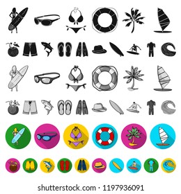 Surfing and extreme flat icons in set collection for design. Surfer and accessories vector symbol stock web illustration.