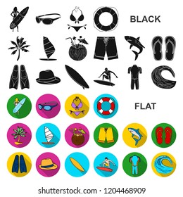 Surfing and extreme flat icons in set collection for design. Surfer and accessories vector symbol stock web illustration.