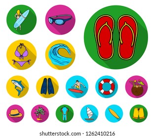 Surfing and extreme flat icons in set collection for design. Surfer and accessories vector symbol stock web illustration.