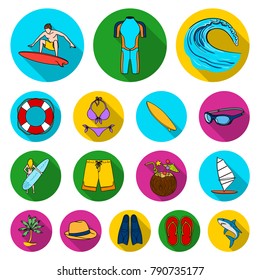 Surfing and extreme flat icons in set collection for design. Surfer and accessories vector symbol stock web illustration.