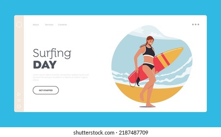 Surfing Extreme Fun Landing Page Template. Young Woman Surfer Character in Swim Wear Walking with Board along Sea Beach. Ocean Recreation, Activity, Healthy Lifestyle. Cartoon Vector Illustration
