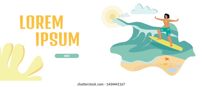 Surfing Extreme Hobby Landing Page Flat Template. Surfer on Surfboard Cartoon Vector Character. Sportsman Leisure Activity, Sea Resort Pastime Website Homepage Layout. Water Sport Web Banner