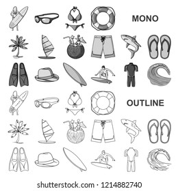 Surfing and extreme monochrom icons in set collection for design. Surfer and accessories vector symbol stock web illustration.