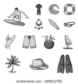 Surfing and extreme monochrome icons in set collection for design. Surfer and accessories vector symbol stock web illustration.