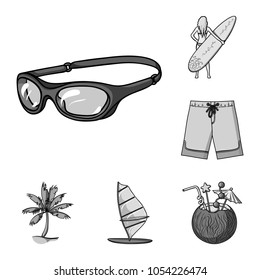 Surfing and extreme monochrome icons in set collection for design. Surfer and accessories vector symbol stock web illustration.