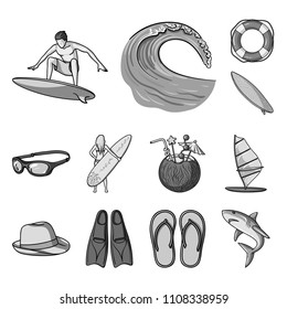 Surfing and extreme monochrome icons in set collection for design. Surfer and accessories vector symbol stock web illustration.