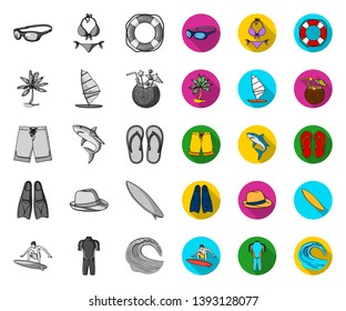 Surfing and extreme mono,flat icons in set collection for design. Surfer and accessories vector symbol stock web illustration.