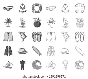 Surfing and extreme mono,outline icons in set collection for design. Surfer and accessories vector symbol stock web illustration.