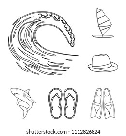 Surfing and extreme outline icons in set collection for design. Surfer and accessories vector symbol stock web illustration.