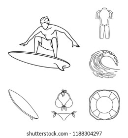 Surfing and extreme outline icons in set collection for design. Surfer and accessories vector symbol stock web illustration.