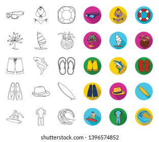 Surfing and extreme outline,flat icons in set collection  design. Surfer and accessories vector symbol stock web illustration.