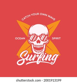 Surfing, fancy skull in sunglasses t-shirt print. Design for poster, print on the theme of summer. Vector vintage illustration.