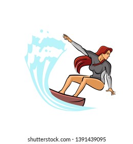 Surfing. Female Surfer and Wave in color isolated on White Background. Vector Illustration. - Vector