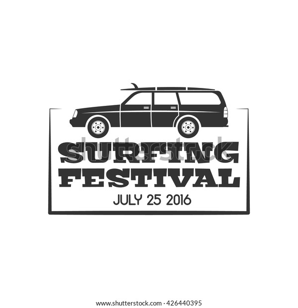 Surfing festival label. Vintage surfing badge and\
design elements. Retro surf car and typography elements with\
surfboard. Hipster beach insignia. For web, apps, tee design,\
t-shirt print. Summer\
logo.