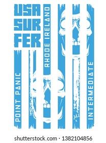 Surfen. Flagge. und Schädeltypografie, T-Shirt-Grafiken, Vektorgrafiken