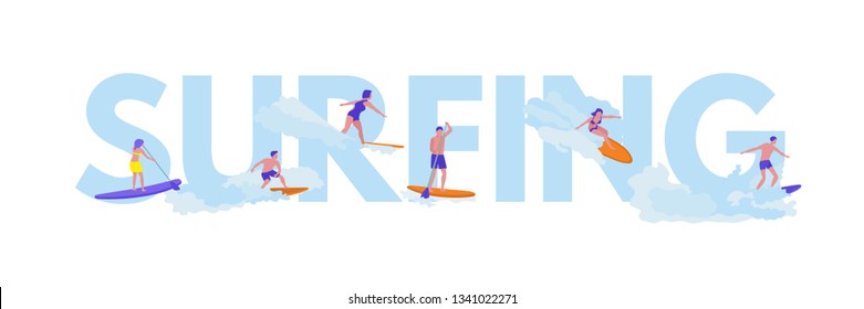 Surfing flat vector illustration with lettering. Young surfers cartoon characters. Colorful surfboards isolated design element. Extreme water sport. Ocean, sea waves. Sea resort activity