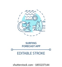 Icono de concepto de aplicación de pronóstico de surf. Ilustración de línea delgada de la idea de la función Gadget. Preparándose para futuros surfos. Búsqueda de grandes olas. Dibujo de color RGB con contorno aislado del vector. Trazo editable