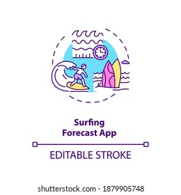 Surfing forecast app concept icon. Gadget function idea thin line illustration. Marine weather forecasting. Great waves search. Vector isolated outline RGB color drawing. Editable stroke