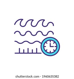 Surfing forecast RGB color icon. Onshore wave conditions prediction. Alert system. Measuring waves breaking near coastline. Surf report. Offshore swell data. Isolated vector illustration