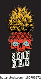 Surfing forever. Pine-apple skull with surfing waves in its eyes illustration. Tropical vacation typography t-shirt print vector illustration.