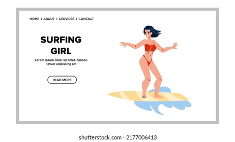 Surfing Girl Athlete Practicing On Wave Vector. Happy Young Woman Surfer Exercising Extremal Sport And Surfing. Character Lady Enjoyment On Surfboard Activity Web Flat Cartoon Illustration